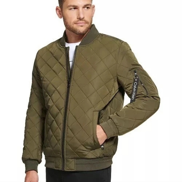Men's Calvin Klein Quilted Jacket Knit Trim XL Green Bomber